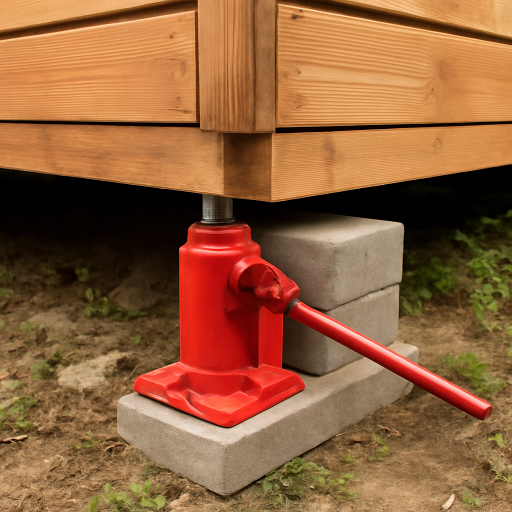 Как поднять хозблок домкратом на блоки 1